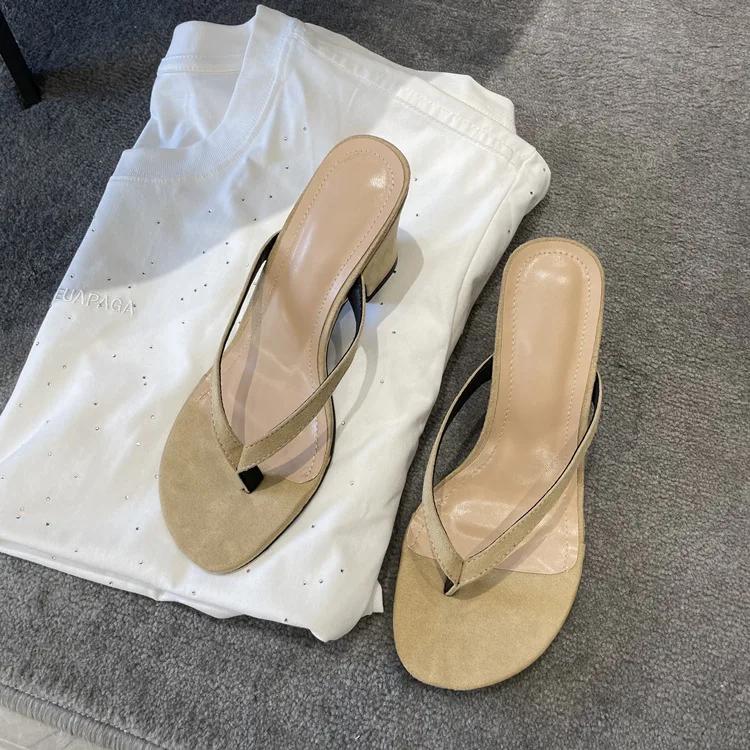 Модные шлепанцы через палец, французский ретро, высококлассные, женские тапочки на высоком каблуке, летние толстые каблуки для улицы