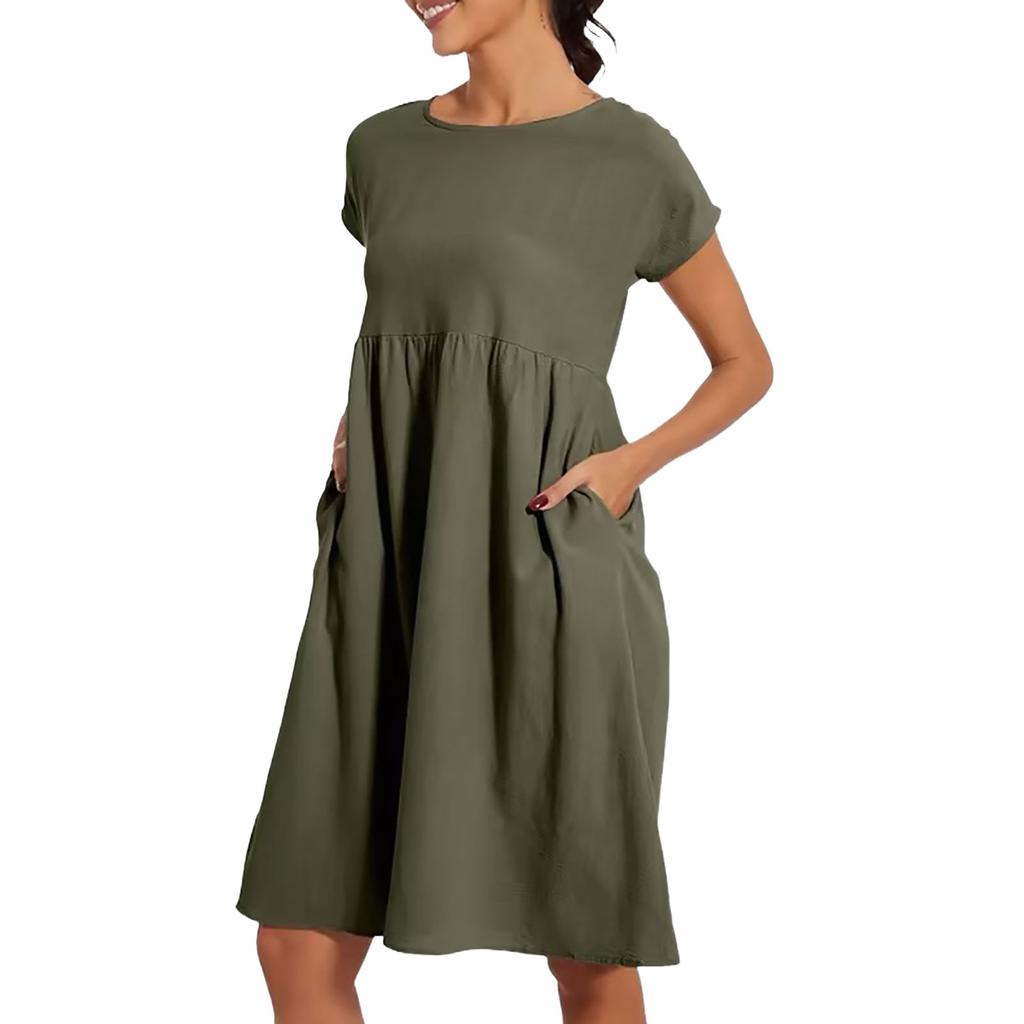 Women's Solid Colour Casual Cotton Linen Dress Short Sleeve Round Neck Pocket Dresses