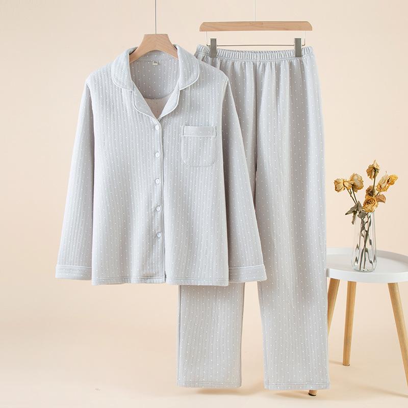 Pajamas women's autumn and winter thickened air cotton three-layer cotton padded to keep warm loose large size lapel comfortable loungewear set