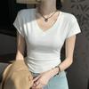 Summer New Slim Fit V-neck Short Sleeved T-shirt Solid Color Casual Women's Top