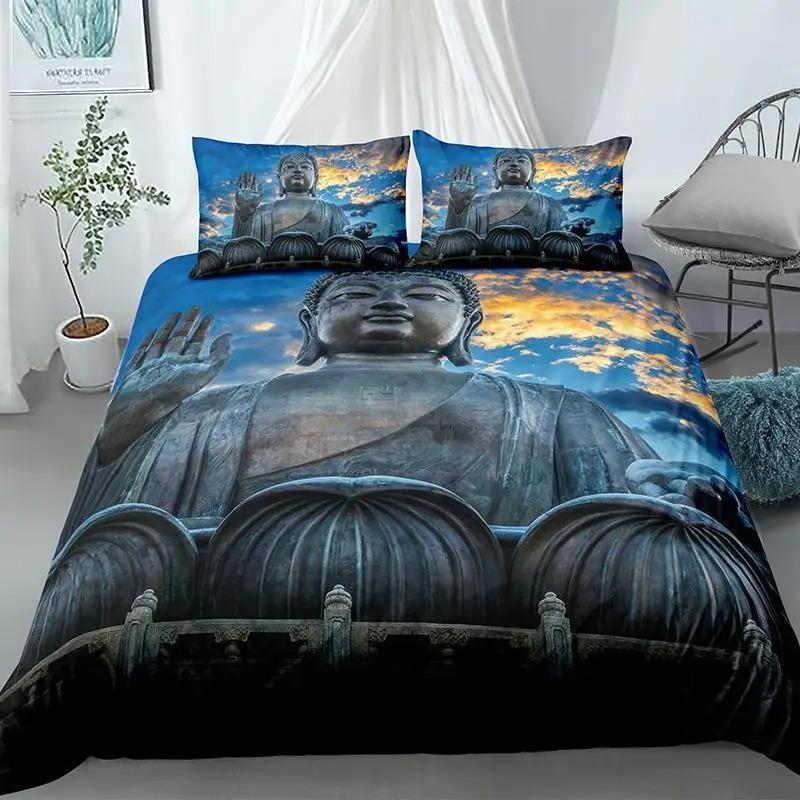 Buddha Duvet Cover Collection King Size Exotic Ethnic Bohemian Bedding Collection Microfiber Golden Buddha Statue Print Gorgeous Quilt Cover