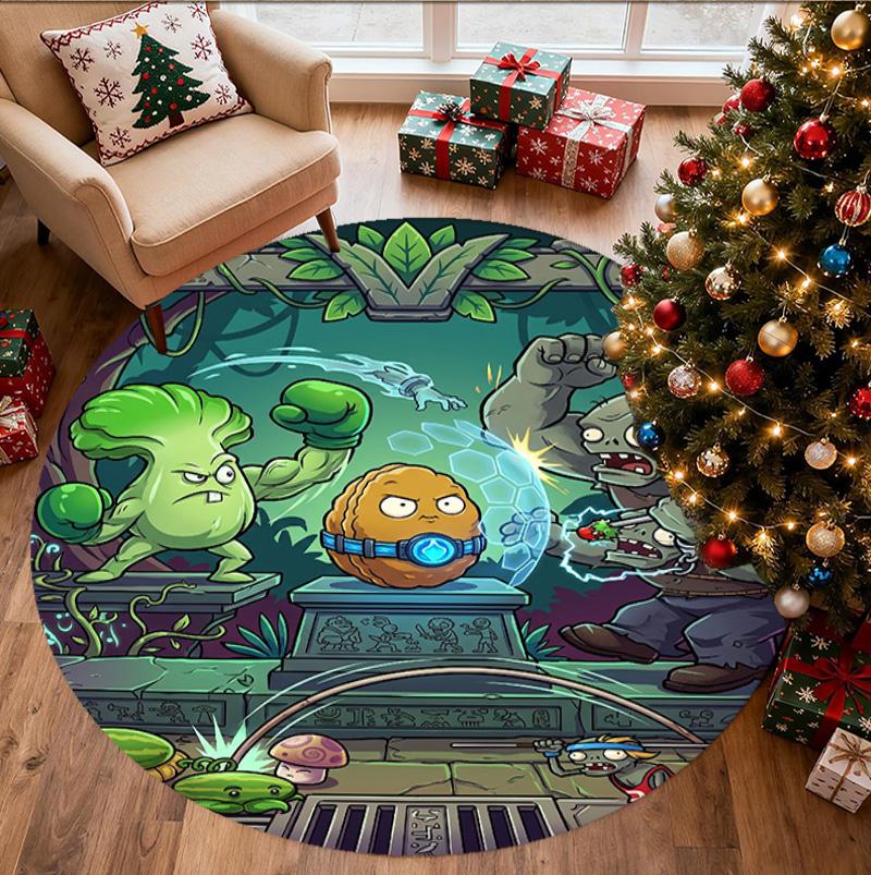 Plants VS Zombies Pattern Round Rug, Indoor/Outdoor Mat, for Picnic, Gameroom, Bedroom, Office, Living Room, Home Decor Carpet, Birthday Gift