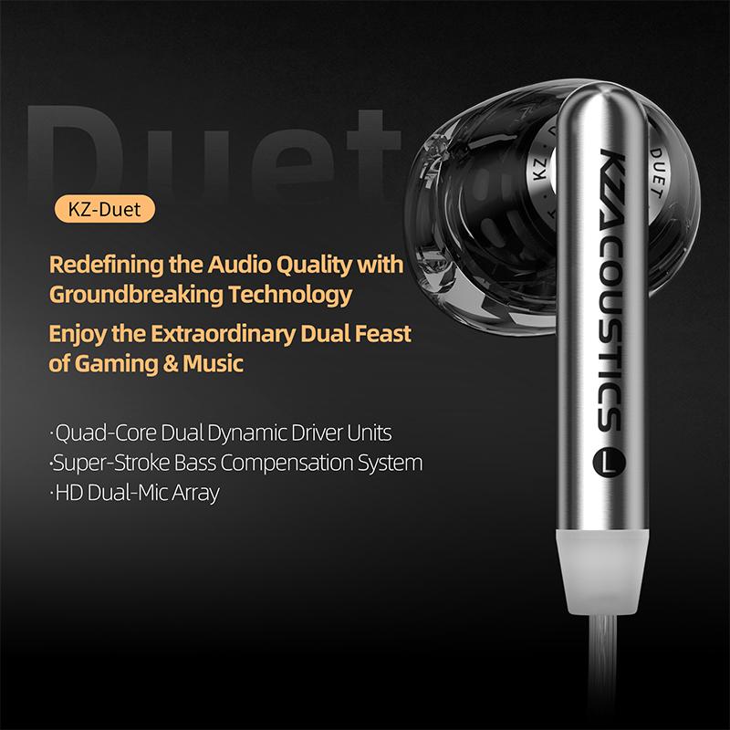 KZ Duet Quad Core Dual Dynamic Drivers Earphones In Ear Wired Earbuds for Music Gaming HiFi Sound Quality Stereo Headset