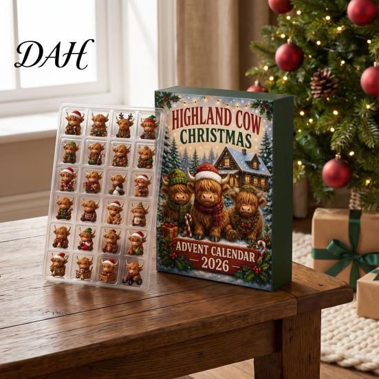 Classroom Exchange Gifts 2026 Highland Cow Christmas Advent Calendar, 24-Day Acrylic Countdown Ornament Set with Travel Companion Play