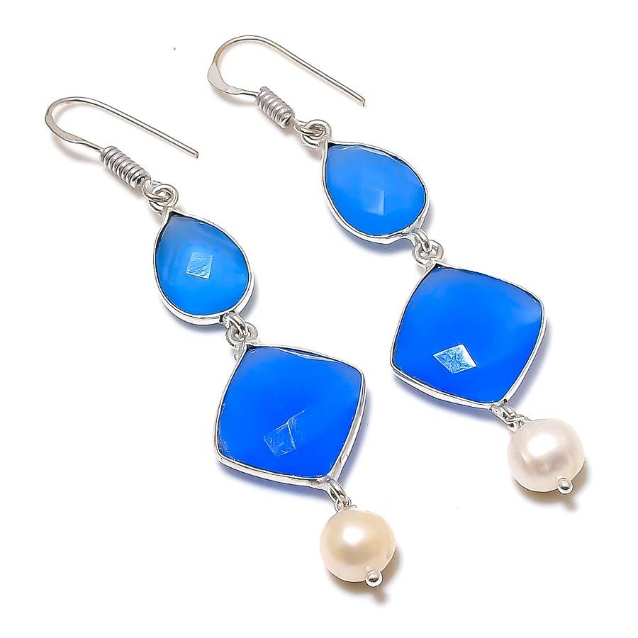 Blue Chalcedony, Pearl Gemstone 925 Sterling Silver Jewelry Earring 2.76" GK-6256