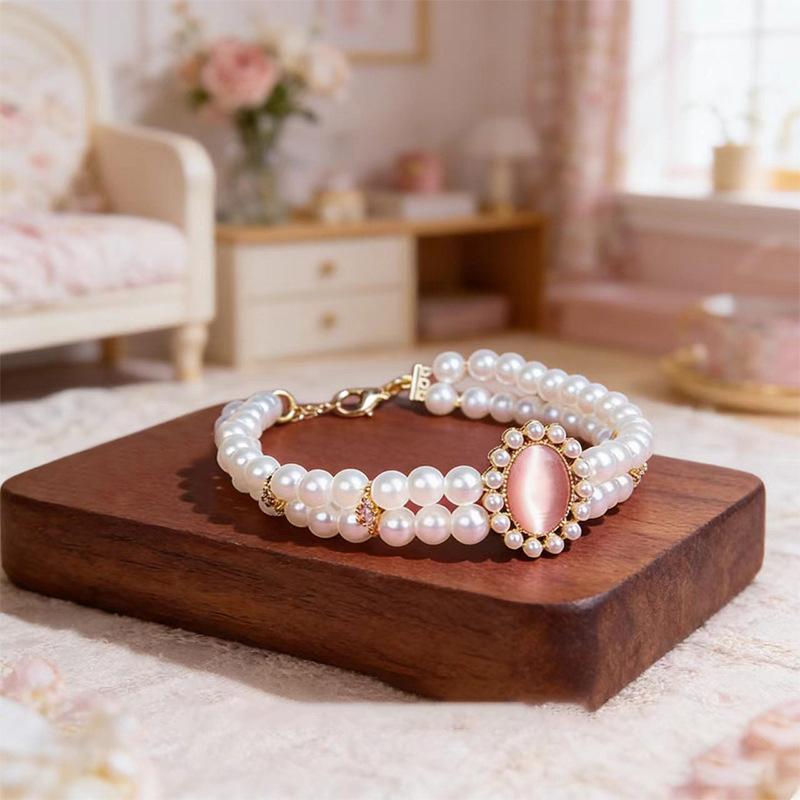 Double‑Layer Pearl Pet Necklace Rhinestone Gem Decor Collar For Cats Small Dogs Photo Accessory