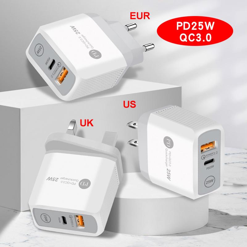 PD 25 Вт 5 В/5 А 9 В/2,8 А 12 В/2,1 А Вилка ЕС/США Светодиодная подсветка 2 порта USB Адаптер Настенное зарядное устройство Быстрая зарядка QC 3.0 Мобильный телефон
