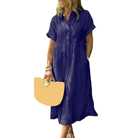 Полосатое платье-рубашка с лацканами на пуговицах и карманами, летнее повседневное длинное пляжное платье А-силуэта с коротким рукавом для женщин