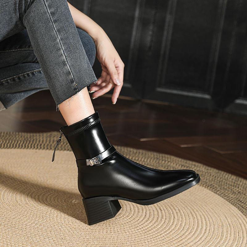 Короткие сапоги на высоком каблуке женские новые осенне-зимние сапоги 2024 года на толстом каблуке женские тонкие модные сапоги средней высоты коричневые французские короткие сапоги