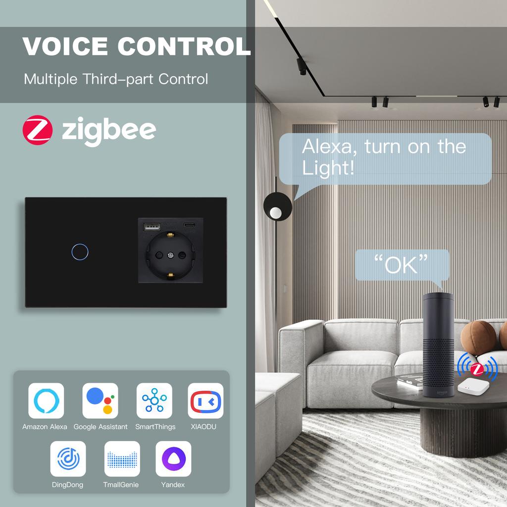 BSEED Zigbee настенные сенсорные выключатели 1/2/3 клавиши с обычной EU розеткой и портами USB Type-C, управление через приложение Tuya Smart Life, стеклянная панель