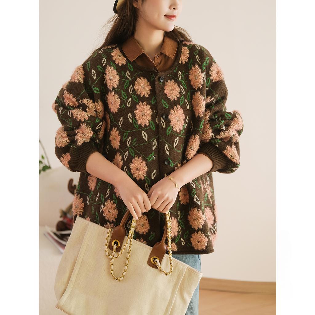 Dimanaf 2025 Winter Sweaters Flower Cardigan Autumn Women Print O-Neck Bat Sweaters Knitting Loose Sweater Green