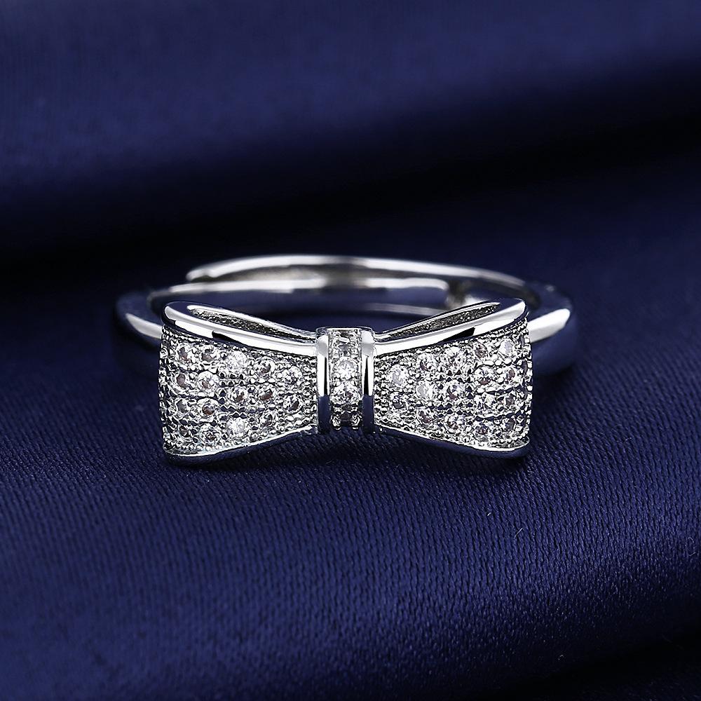 925 Sterling Silver Korean Fashion Bowknot Cubic Zirconia Adjustable Full Paved Ring for Women Cross Border Hand Jewelry in Stock