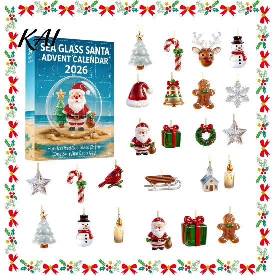 Holiday Ornament Set Sea Glass Christmas Advent Calendar, 24-Day Acrylic 2D Tree Hanging Pendants with Santa Gingerbread Man, Decor, Gift Box