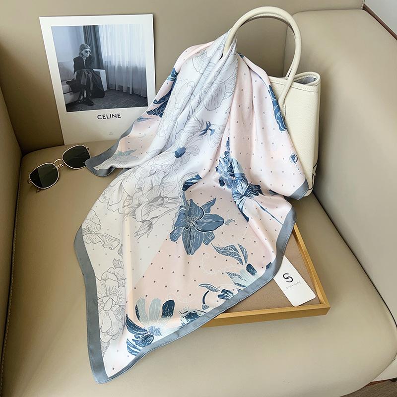 Small fresh and fashionable rose print square scarf sweet lady high temperament decorative scarf imitation silk square scarf