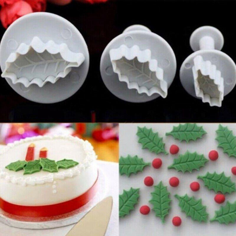 Spring Compression Mold Christmas Leaves Sugar Cake Mold DIY Embossing Mold 3pcs Holly Leaf Biscuit Mold