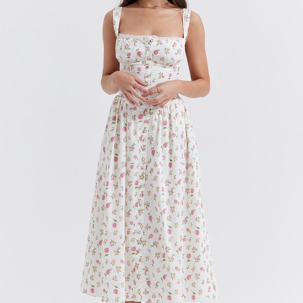 GMXIA Весна-лето Женское Платье с Завязками На Грудь Небольшой Цветочный Принт Длинная Юбка