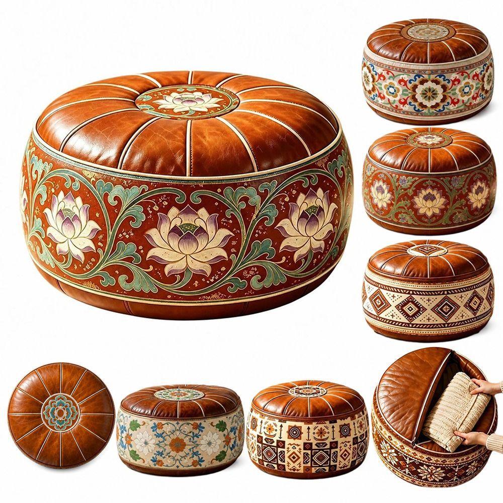 Round Shape Storage Ottoman PU Leather Round Pouf Cover New Floor Seat Cushion Home Use