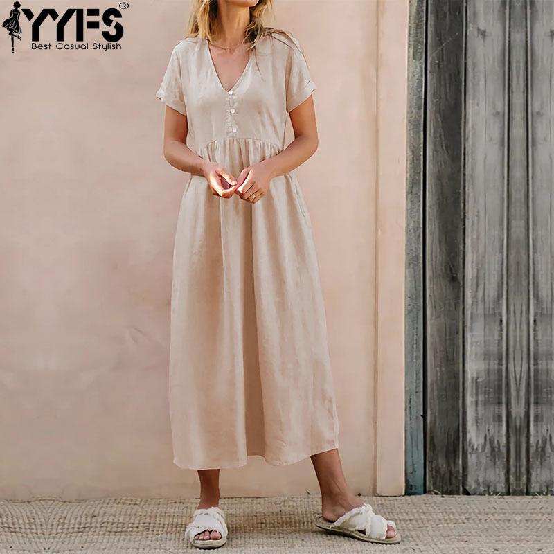 YYFS Women's Fashion Summer Spring Solid Color Print Short Sleeve V-Neck Loose Waistline Casual Dresses