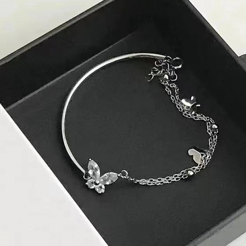 Butterfly Shiny Zircon Silver Color Bangle Light Luxury Multi-Layer Chain Bracelet For Women Hand Accessories Jewelry