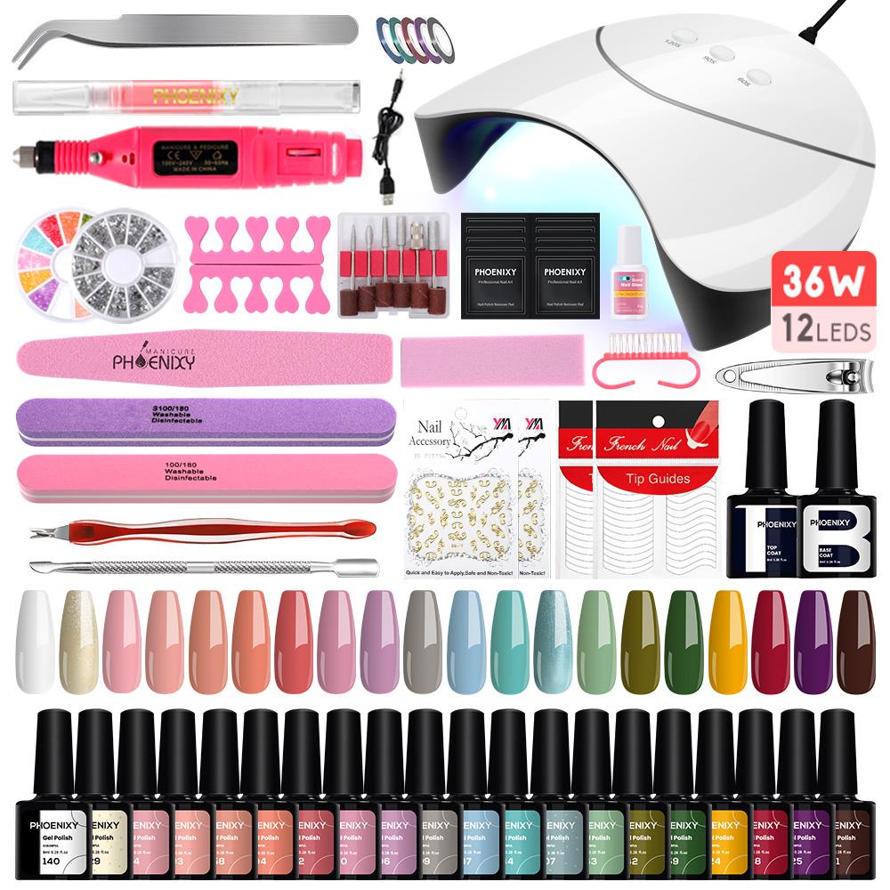 Набор для ногтей PHOENIXY с лампой для ногтей, дрель для ногтей, маникюрный набор, набор инструментов для дизайна ногтей, набор гелей для лака для ногтей