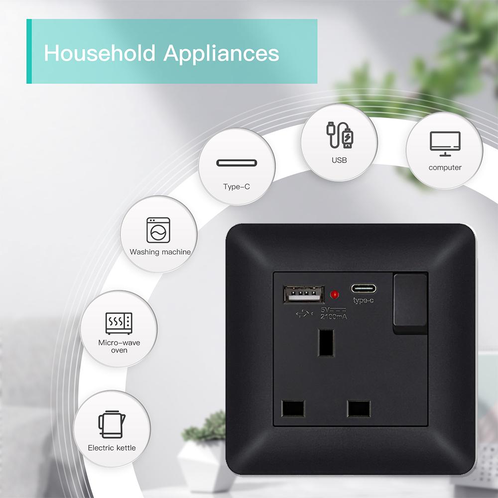 EIOMR 13A UK Standard Plug Power Wall Socket and Switch 250V, with USB Type-C Charger Port 5V 2.1A, Black PC Curved Frame Panel