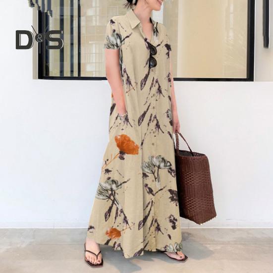 Женское летнее платье трапециевидной формы с лацканами, свободная рубашка с цветочным принтом, с короткими рукавами на пуговицах и боковыми карманами, длинное платье до щиколотки