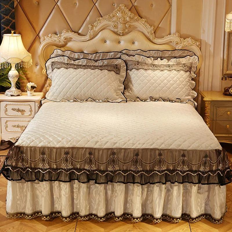 Осенне-зимние бархатные кружевные юбки-кровати из плотного хлопка с зажимом в европейском стиле, покрывало, матрас, противоскользящий защитный чехол, постельные принадлежности