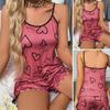 2 Pcs/Set Women Pajamas Set O Neck Sleeveless Heart Print Strappy Top Elastic High Waist Shirring Edge Loose Fit Shorts Homewear Vest Shorts