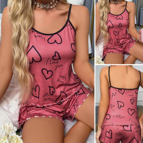 2 Pcs/Set Women Pajamas Set O Neck Sleeveless Heart Print Strappy Top Elastic High Waist Shirring Edge Loose Fit Shorts Homewear Vest Shorts