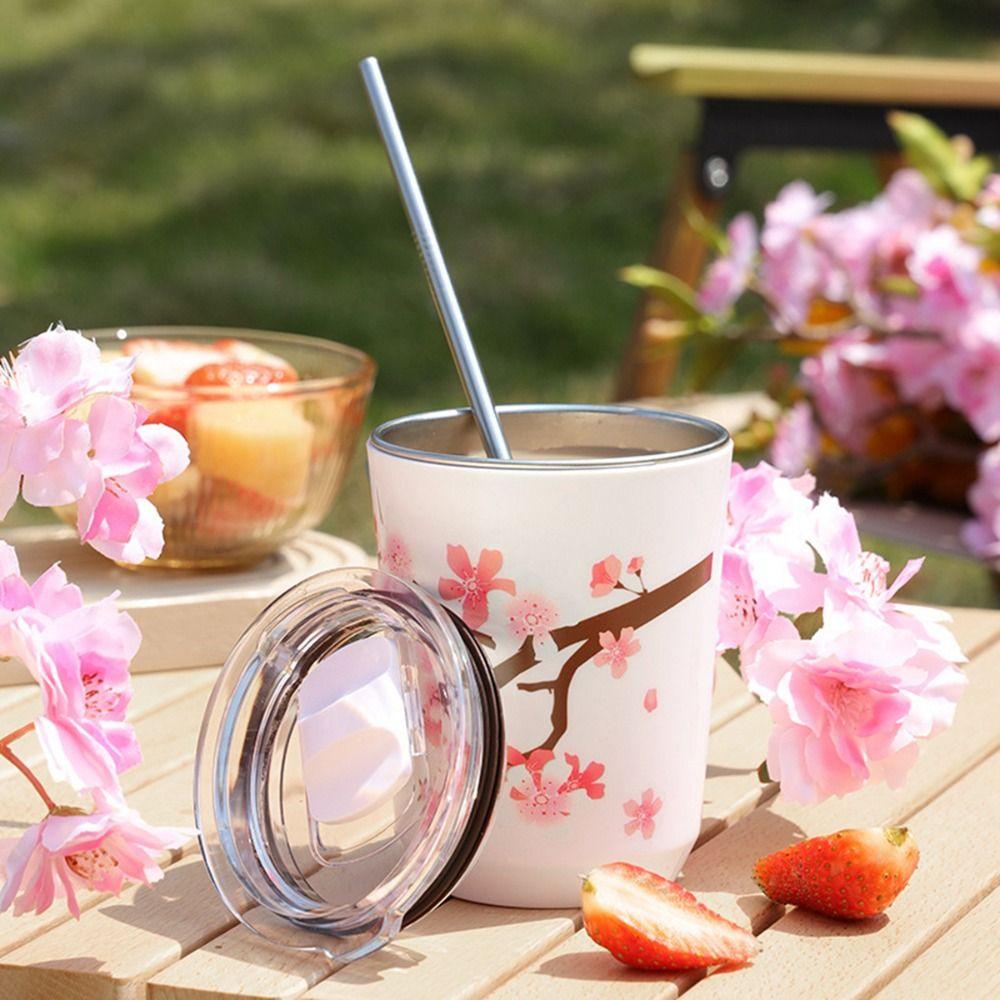 Layer Stainless Steel Insulated Cherry Blossom Thermos Cup Coffee Tumbler Vacuum Flask Water Bottle