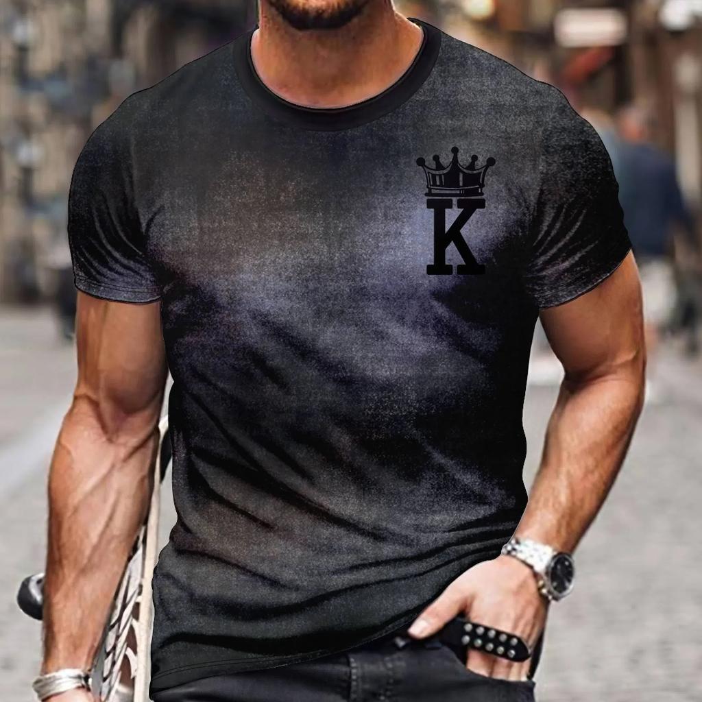 Men's Casual Short Sleeved T-shirt with Round Neck KING Pattern Printed Top T-shirt for Men's Street Wear