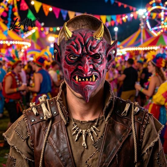Realistic Devil Mask Halloween Red Cosplay Mask, Creepy Golden Horned Demon Latex Scary Masquerade Costume Party Full Face for Men Adults Horror