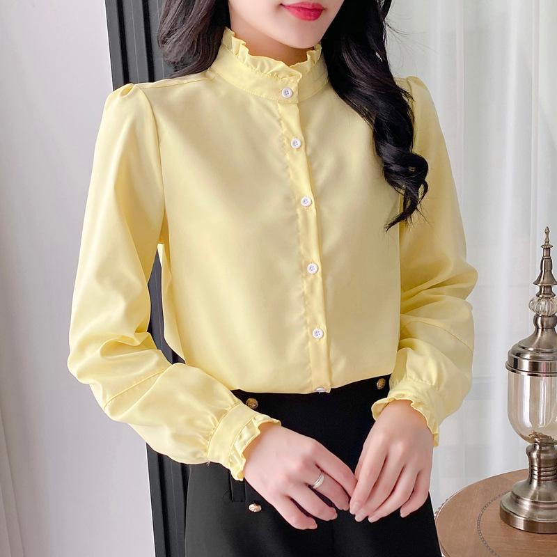 Женская рубашка с французским воротником-стойкой и оборками, с длинными рукавами, 2024