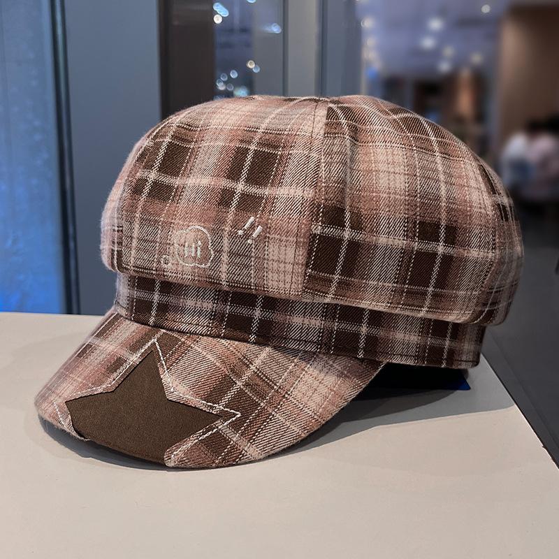 Sweet plaid star newsboy hat women's new retro old octagonal hat embroidery versatile face little beret
