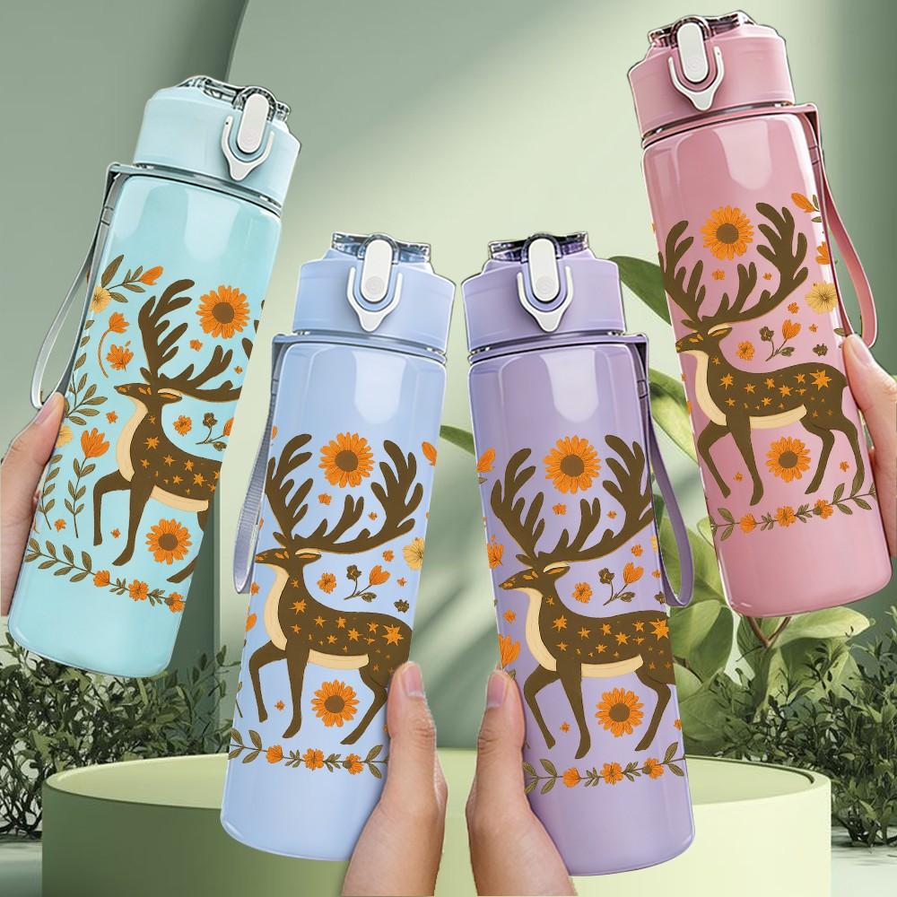1PC Floral Stag Deer Art 750ml Color Plastic Sports Water Bottle Leakproof Flip Straw Lid Suitable for Sports Office Home Use