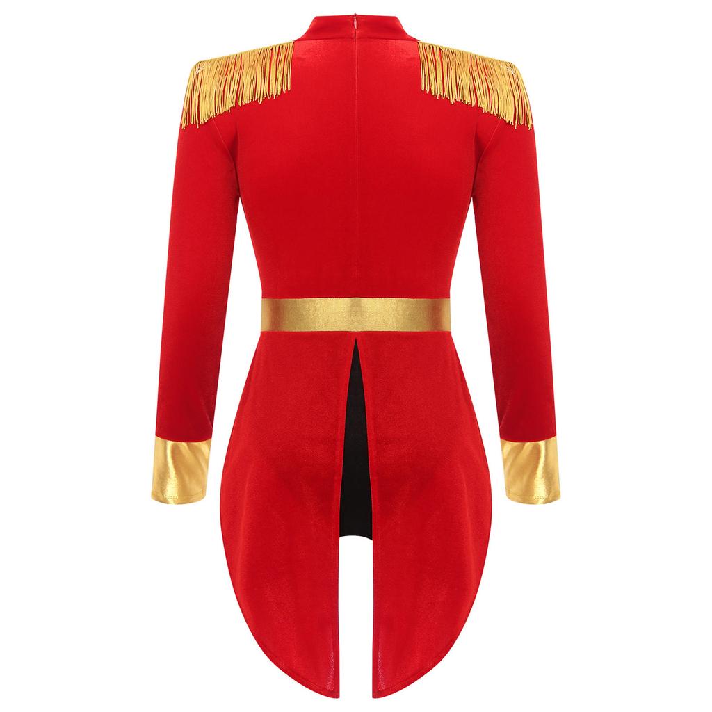 Womens Circus Ringmaster Halloween Cosplay Bodysuit Fringe Epaulette Bow Long Sleeve Velvet Jumpsuit