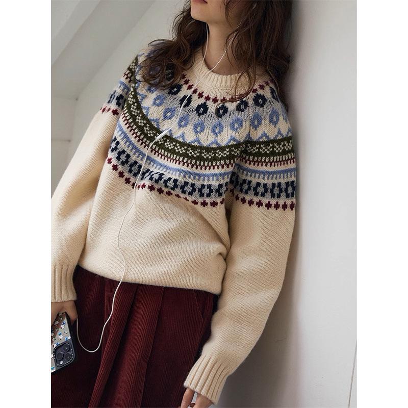 Зимний свитер Nordic Light Retro с рукавами реглан Fair Isle для женщин 2024 года