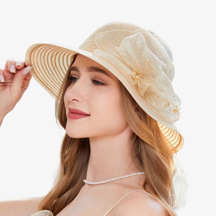 Новые шляпы от солнца из органзы с цветком, женские летние шляпы для свадебной вечеринки, шляпы для церкви, женские солнцезащитные шляпы для путешествий и пляжа с защитой от ультрафиолета