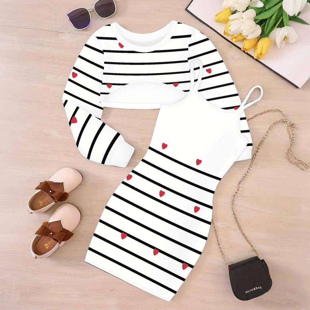 Girls Cartoon 2 Piece Outfits, Long Sleeve Crop Top + Spaghetti Strap Bodycon Dress, Fresh Lovely Cartoon Print Party Dress Set