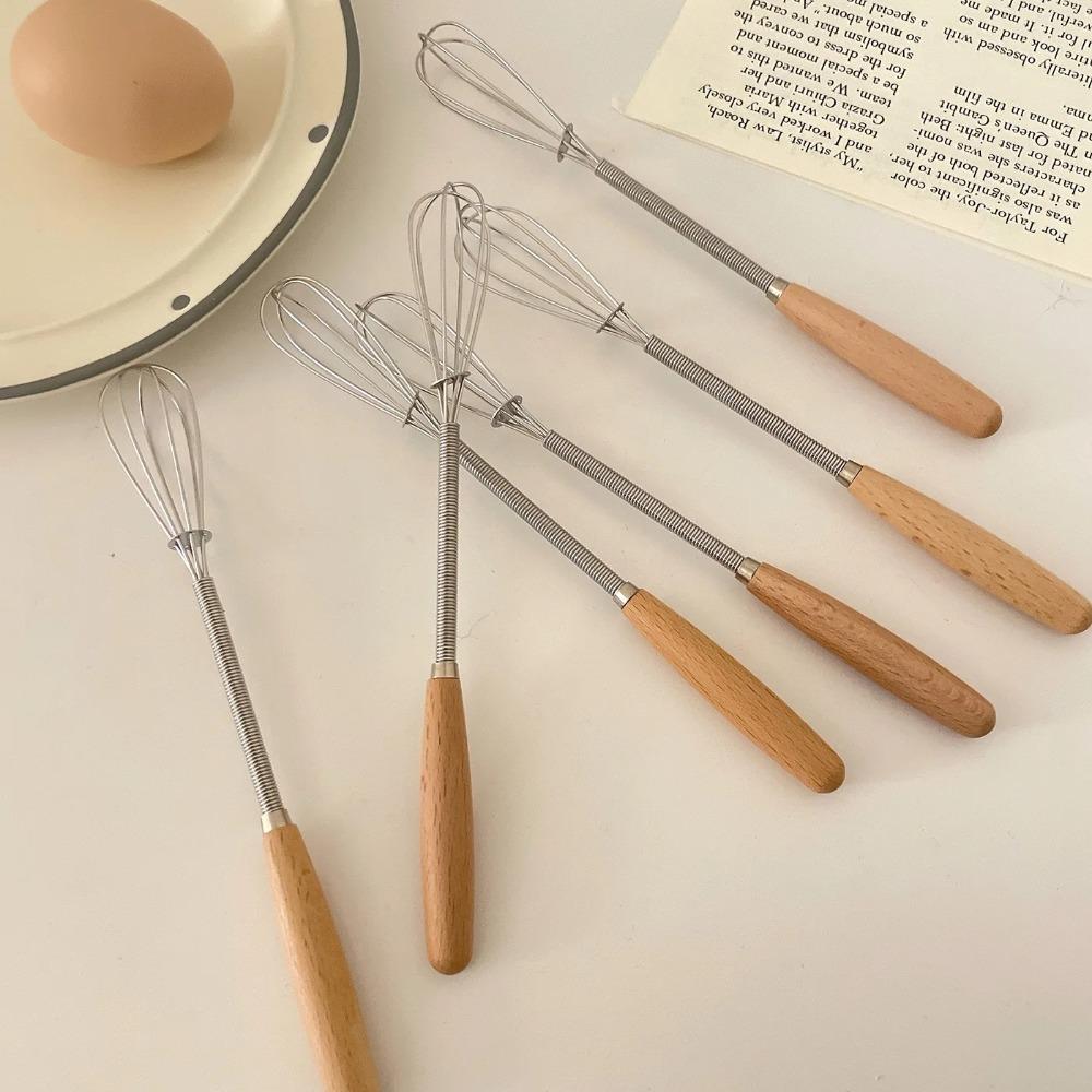 Useful Mini Egg Whisk Wooden Handle Manual Egg Beater Stainless Steel Egg Beater Cooking