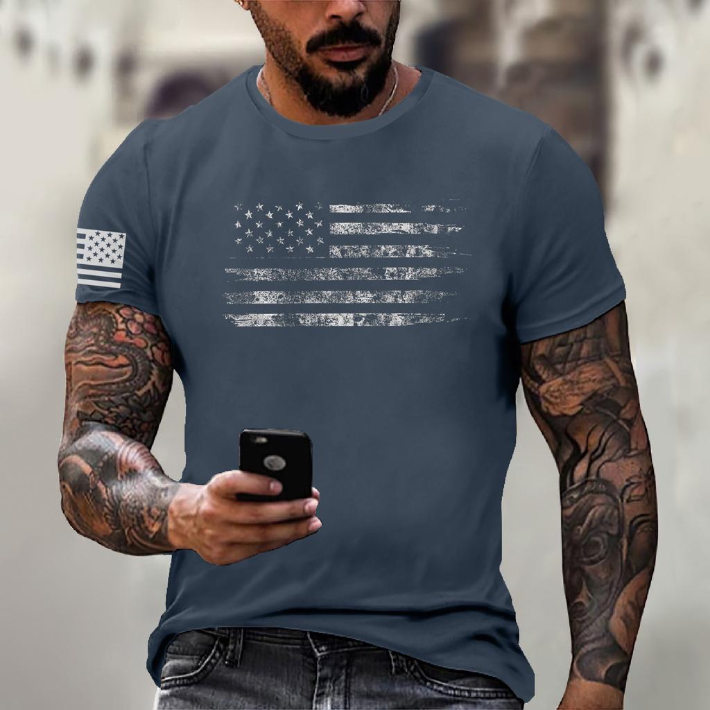 Men's Fashion Casual Short Sleeve Round Neck Independence Day Flag T-Shirt Top
