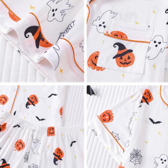 Women's Halloween Pajamas Sets 2 Piece Ghost Pumpkin Print Shirts And Shorts Pjs Lounge Set Button Down Short Sleeve Sleepwear