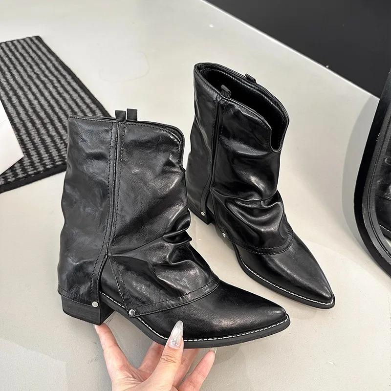 Fashion Women's Mid-calf Boots Pointed Toe Leather Boot Retro Short Leg Pants Tube Boots Classic Canvas Cowboy Boot Womens Fashion Boots
