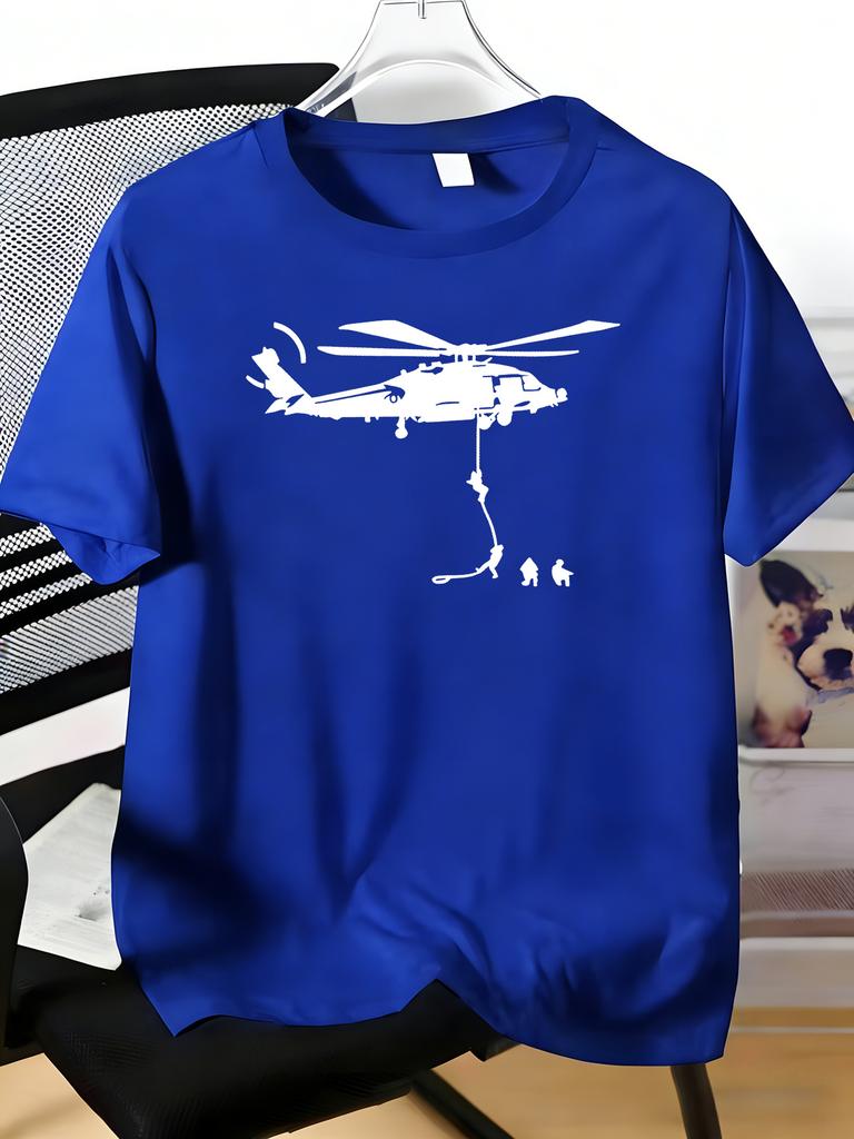 Male Dark Navy Crew Neck T Shirt Army Rescue Helicopter Troop Silhouette Graphic Soft Short Sleeve Veteran Casual Holiday Shirts
