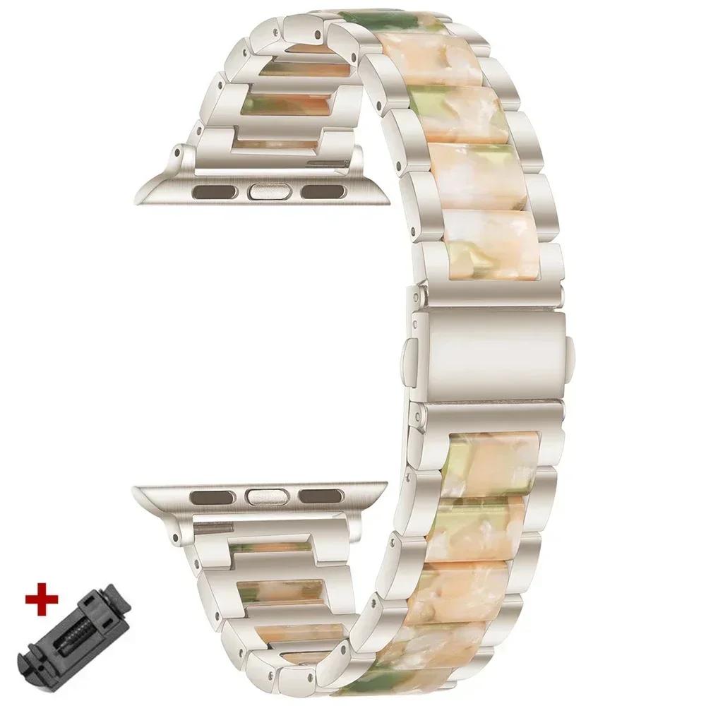 Ремешок из нержавеющей стали+смолы для Apple Watch 10 42 мм 46 Ultra 2 49 мм Женский браслет для IWatch 9 8 7 6 5 4 se 40 мм 38 мм 41 45 44 мм