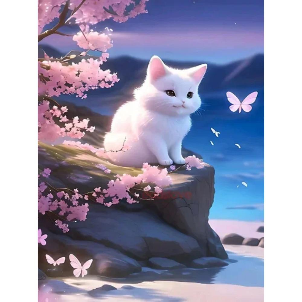 Алмазная картина, полная дрель, милый белый кот, квадратная круглая алмазная живопись, ручная работа, цветочный пейзаж, сделай сам, алмазная мозаика, картина, украшение дома