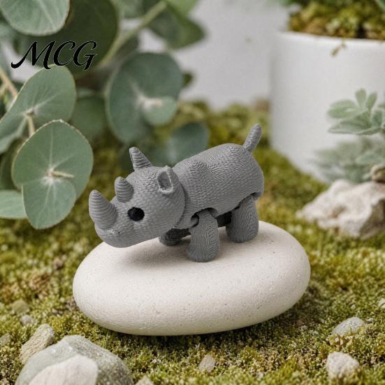 Mini Animal Sculpture 3D Printed Knitted Rhinoceros Figurine, Fidget Toy with One-piece Molded Rhino Figurine Movable Joints, Wild Collectible Figure