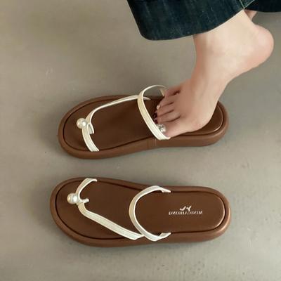 Французские пляжные шлепанцы на толстой подошве, модные, универсальные, простые жемчужные шлепанцы, женские летние ретро сандалии для верхней одежды