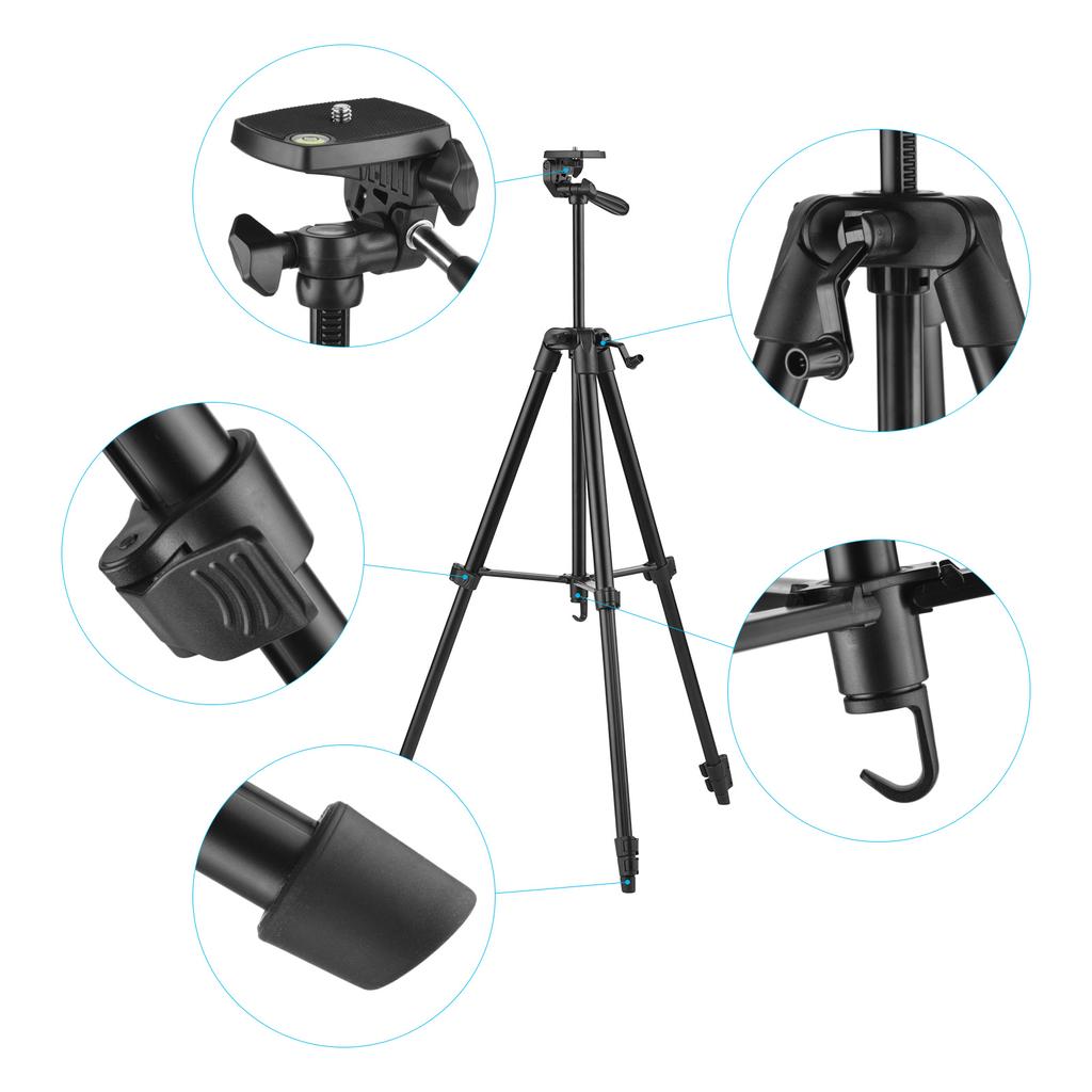 Portable Tripod Stand Aluminum Alloy 135cm 53in Max. Height 3kg Load Capacity with Phone Clamp Remote Shutter for