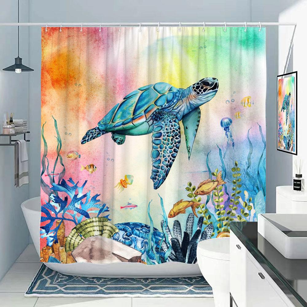 Octopus Bath Shower Curtain Nautical Ocean Sea Turtle Beach Coastal Navy Blue Fish Seashell Jellyfish Fabric Bath Curtains Bathroom Decor
